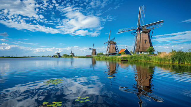 A row of windmill from front to back with beautiful river water reflection in vertical view, Kinderdijk, Netherlands. A row of functional windmill from front to back in Kinderdijk, the Netherlands wit