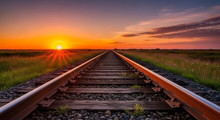 Fototapeta premium Railroad tracks stretch towards a glowing sunset over a grassy landscape.