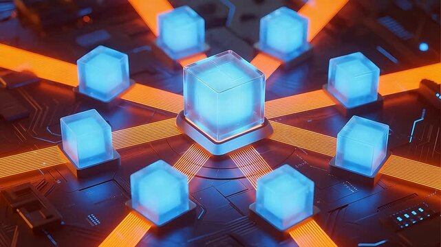Futuristic circuit with glowing cubes