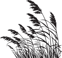 Detailed black silhouette of reeds and tall marsh grass blowing in the wind.