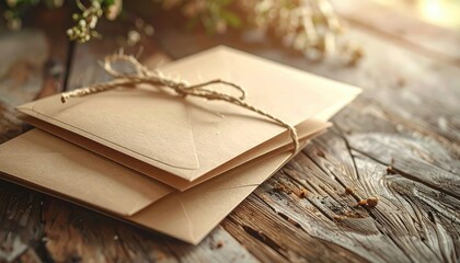 Rustic Envelopes Tied with Twine on Wooden Table Surface