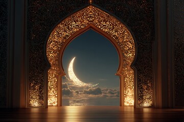 Fototapeta premium Elegant Islamic archway with crescent moon and golden light