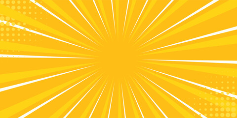 Fototapeta premium Yellow comics background with speed or explosion effect. Comic halftone gradation gradient. Simple polka dots pattern. Dynamic motion in manga. Radial anime speed lines. Zoom effect for books