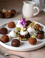 Assorted Chocolate Truffles and Mini Cakes on a White Plate.