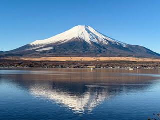 Magnificent Snow-Capped Summit of Mount Fuji at Lake Yamanaka, Japan