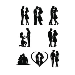 Romantic Couple Silhouettes Vector Set Black White Love Poses