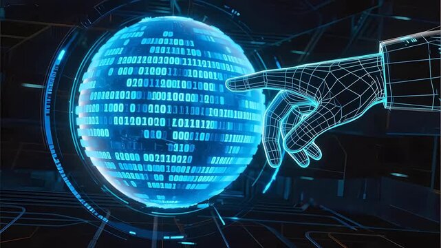 Futuristic hand interacting with digital sphere