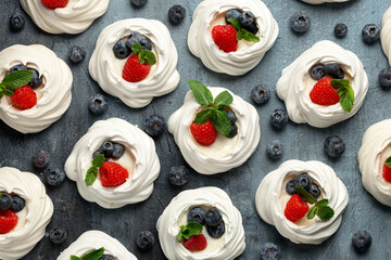 Meringue nests, mini pavlova cake with cream, fresh berries, blueberry, raspberry and mint for...