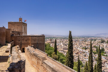 Alhambra fortress walls overlooking Granada city in Andalucia, Spain
