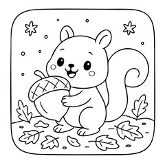A cute, cartoon-style squirrel holds an acorn surrounded by autumn leaves, perfect for coloring or engaging young audiences with nature-themed art.