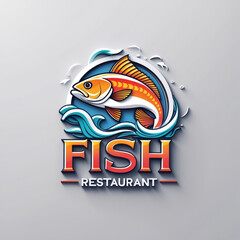 Obraz premium Dynamic illustration of a golden fish swimming above elegant Fish Restaurant text. Vibrant orange and blue color scheme with a minimalist background.