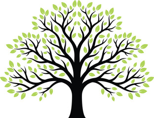 Obraz premium Stylized tree cartoon illustration, black trunk with green leaves and symmetrical branches, vector graphics, nature theme, growth and balance design