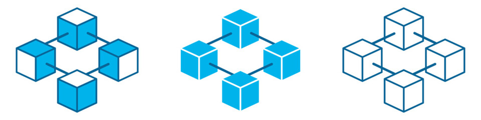 Obraz premium Connected cube shapes forming a simple blockchain network structure. Vector illustration set with linked blocks, editable and scalable, isolated on white background.