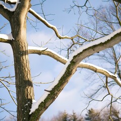 Fototapeta premium Snow-covered barren deciduous tree branches against a clear blue sky in winter