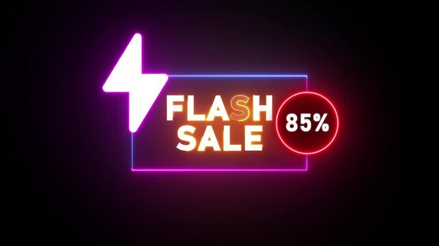 Neon flash sale sign with eighty five percent discount and lightning bolt graphic 85 percent