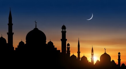 Dramatic silhouette of a mosque skyline at sunset with a crescent moon in the colorful twilight sky