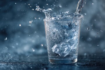 Water pouring into glass with splashes