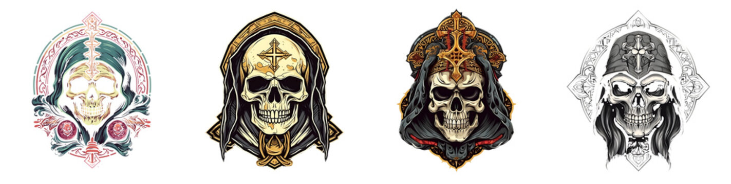 Ornate gothic skull illustration set with a transparent background