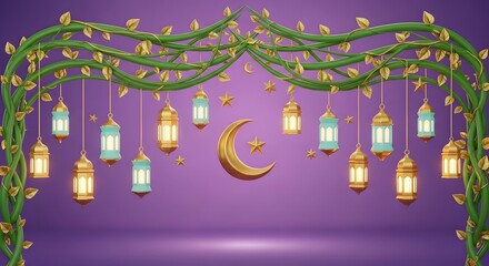 Whimsical 3D scene with a golden crescent moon and star amidst hanging lanterns, all intertwined with lush green vines on a purple background