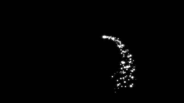 White glitter sparkles trail animation, glowing pixie dust burst, Christmas stars sparkle line, simple doodle magic path, shimmering particles twinkle effect on transparent black background 4K