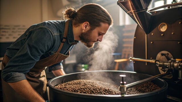 Focused Barista Inspecting Roasted Coffee Beans in Artisan Coffee Roastery Environment