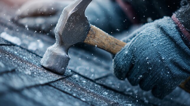 Worker using hammer to repair asphalt shingle on roof during cold weather, indicating roof repair service work and shingle replacement.