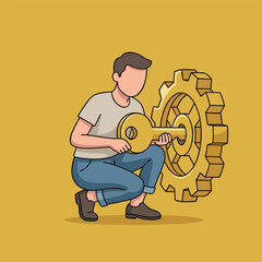 Man unlocking a giant gear with a golden key.