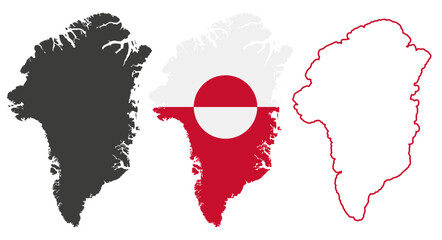 A detailed map of Greenland. Black silhouette, flag, and simple outline map with editable borders. Flat vector illustration isolated on white background. © Ivan Burchak