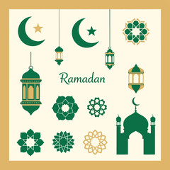 Fototapeta premium Elegant collection of Islamic symbols for Ramadan, including crescent moons, stars, traditional lanterns, a mosque silhouette, and intricate geometric patterns.