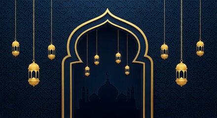 Luxurious dark blue Ramadan background featuring a golden archway, hanging lanterns, and a silhouetted mosque at night under a crescent moon.