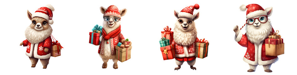Obraz premium Set of cute Christmas llamas in Santa outfits with transparent background
