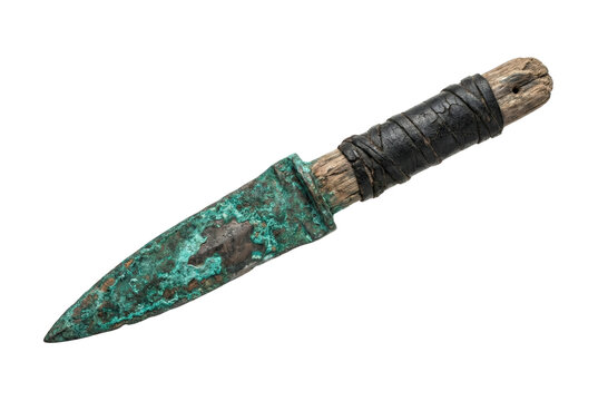 Primitive ritual knife with oxidized copper blade isolated. Sea witch athame.