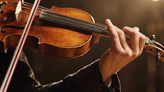Musician playing violin with fingers on instrument strings