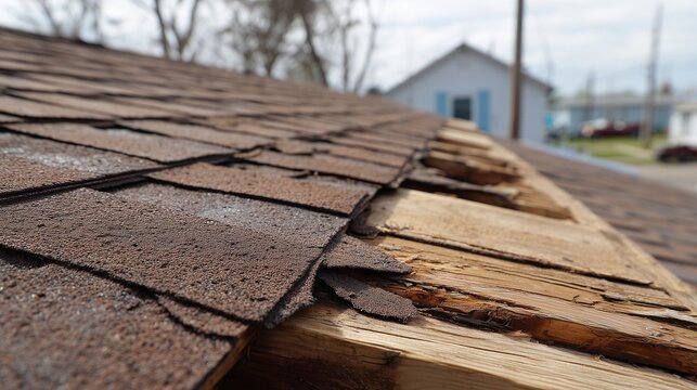 Close-up of damaged asphalt shingle roof with exposed wood deck showing shingle repair and roof maintenance need.