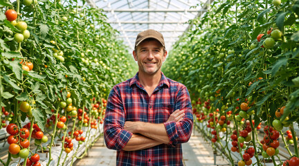 Smiling male farmer standing with arms crossed in a greenhouse. Professional agricultural worker in a plaid shirt surrounded by tomato plants. Sustainable farming and local produce concept