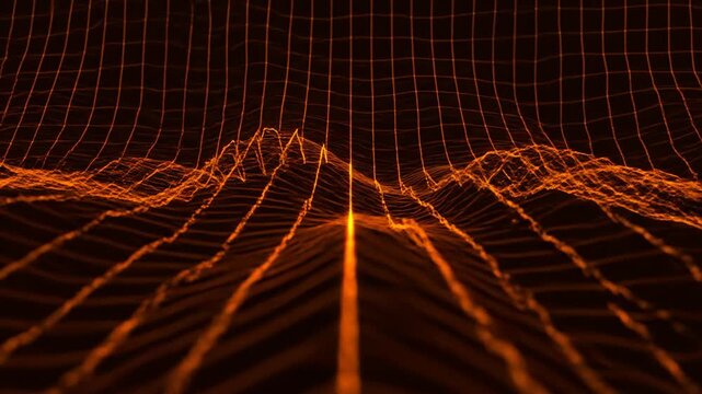 Orange grid pattern illustrating complex data visualization with a 3D mesh landscape on a dark background creating a futuristic and technological atmosphere.