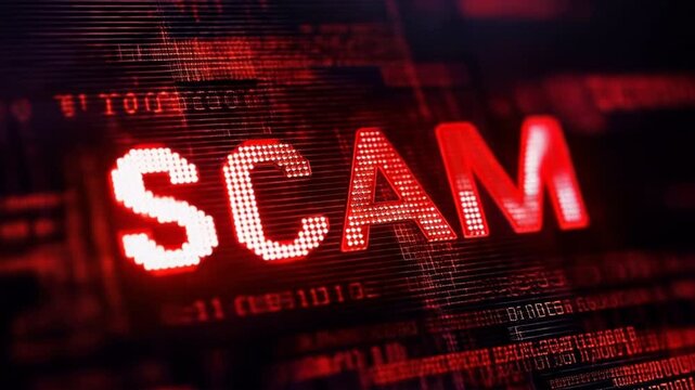 A striking image depicting the word 'SCAM' in red against a dark digital background, highlighting online fraud.