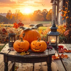 Autumnal Still Life - Pumpkins, Lantern, and Golden Sunset on Rustic Table.