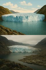 Expansive glacier calving into a serene lake surrounded by rugged, mountainous terrain
