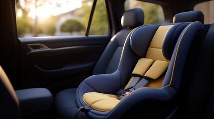 Fototapeta premium An interior view of a vehicle highlighting a safety child car seat designed for comfort, with its adjustable components and bright colors that attract children while ensuring their safety during