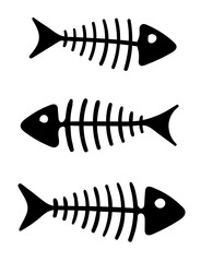 Black fish skeleton icons set isolated on white background, minimal flat silhouette design for symbols and graphics.