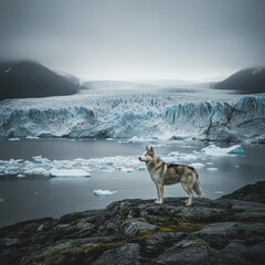 Majestic husky dog standing on a rocky cliff overlooking a vast glacial landscape