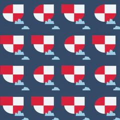 Abstract geometric pattern with red and white shields and icebergs on dark blue background