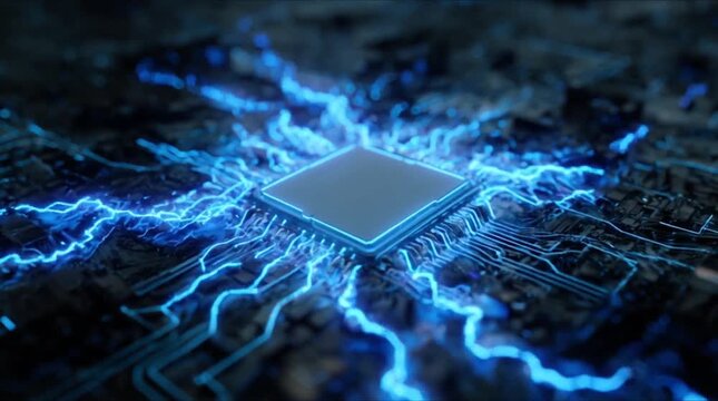 Powerful AI microprocessor with intense blue neon energy lightning and electrical circuits on dark motherboard (AI Generated)