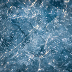 Close-up abstract view of frozen water with trapped air bubbles and intricate ice formations