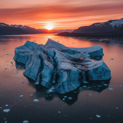 Majestic iceberg floats in calm water during a vibrant orange sunset over mountains