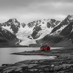 Isolated red cabin by a glacial lake with snow-capped mountains in the background