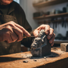 Close-up of artisan hands meticulously carving a stone sculpture with a chisel