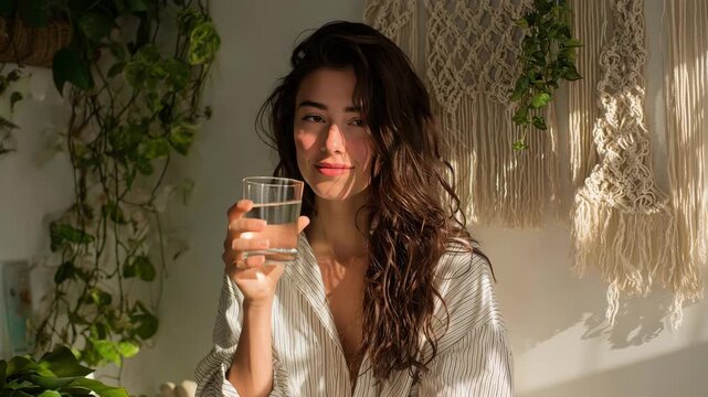 Young woman enjoying a refreshing drink during morning sunlight, prioritizing hydration and healthy living practices in a serene, plant filled home environment mindfulness