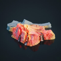 Surreal landscape with glowing red rock formations and icy peaks in dark water